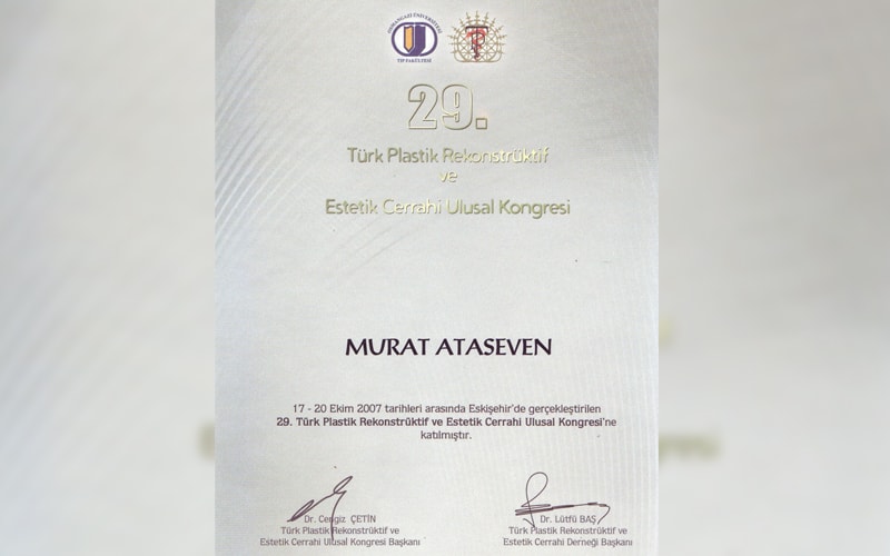 Sertifika: 29. Türk Plastik Rekonstrüktif ve Estetik Cerrahi Ulusal Kongresi, 17-20 Ekim 2007
