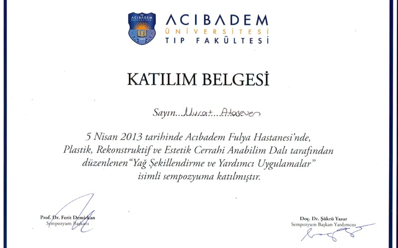 Sertifika: Acıbadem — Yağ Şekillendirme ve Yardımcı Uygulamalar Sempozyumu, 5 Nisan 2013
