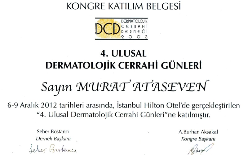Sertifika: 4. Ulusal Dermatolojik Cerrahi Günleri, 6-9 Aralık 2012