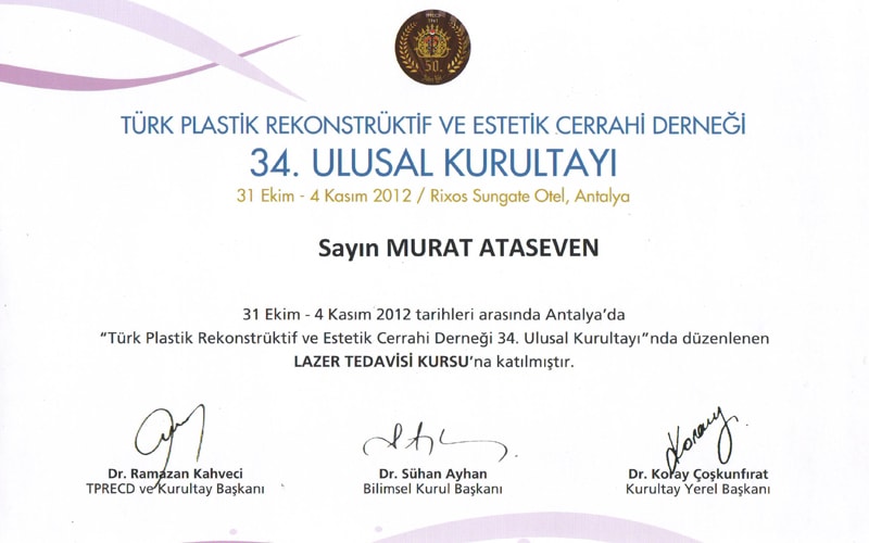 Sertifika: TPRECD 34. Ulusal Kurultayı — Lazer Tedavisi Kursu, 31 Ekim - 4 Kasım 2012