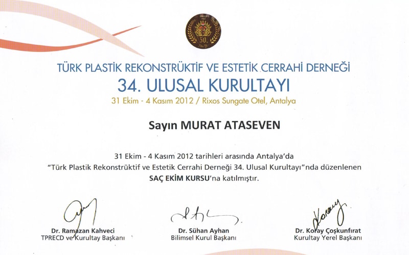 Sertifika: TPRECD 34. Ulusal Kurultayı — Saç Ekim Kursu, 31 Ekim - 4 Kasım 2012